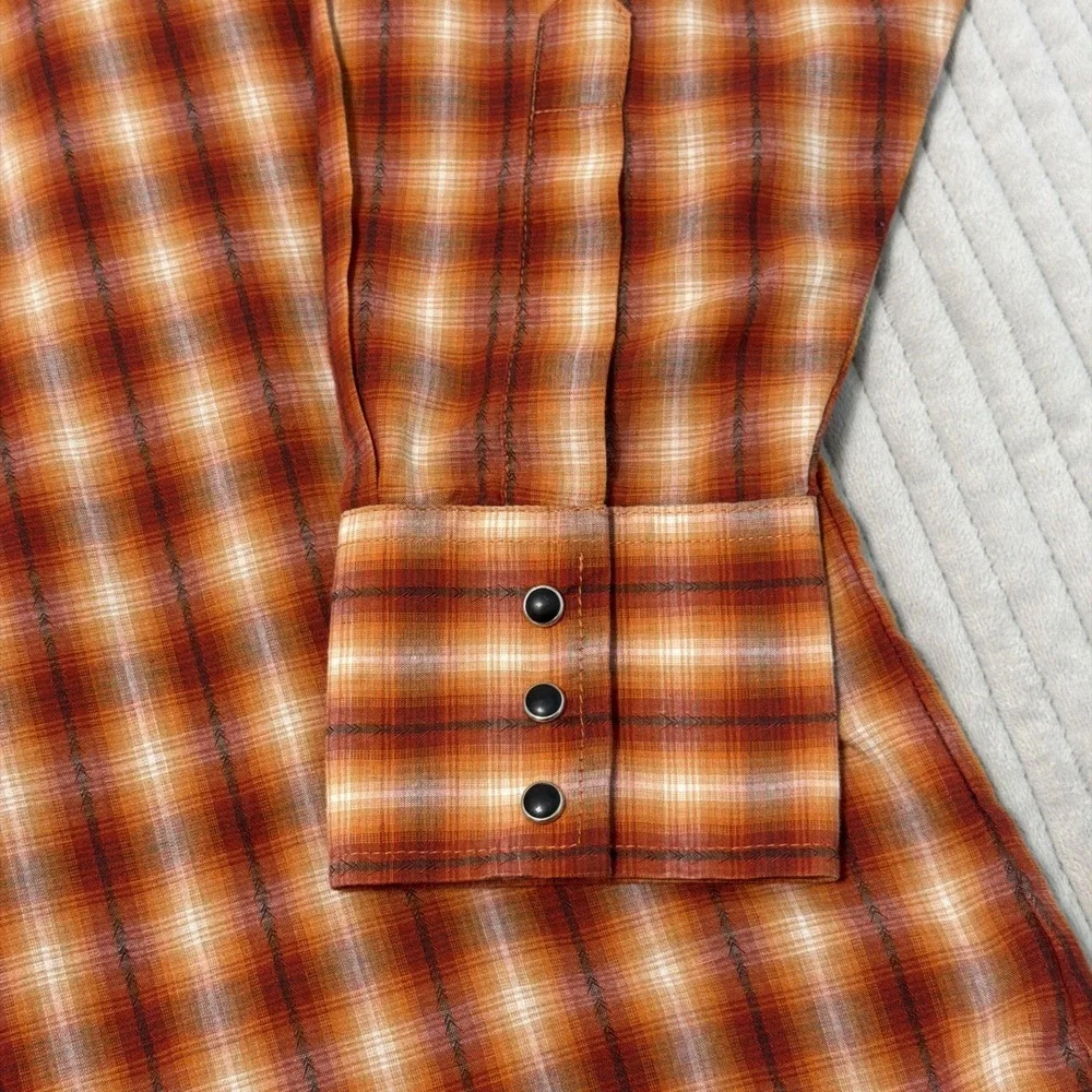 Ely Cattleman Pearl Snap Western Shirt Mens L Orange Blue Plaid Long Sleeve